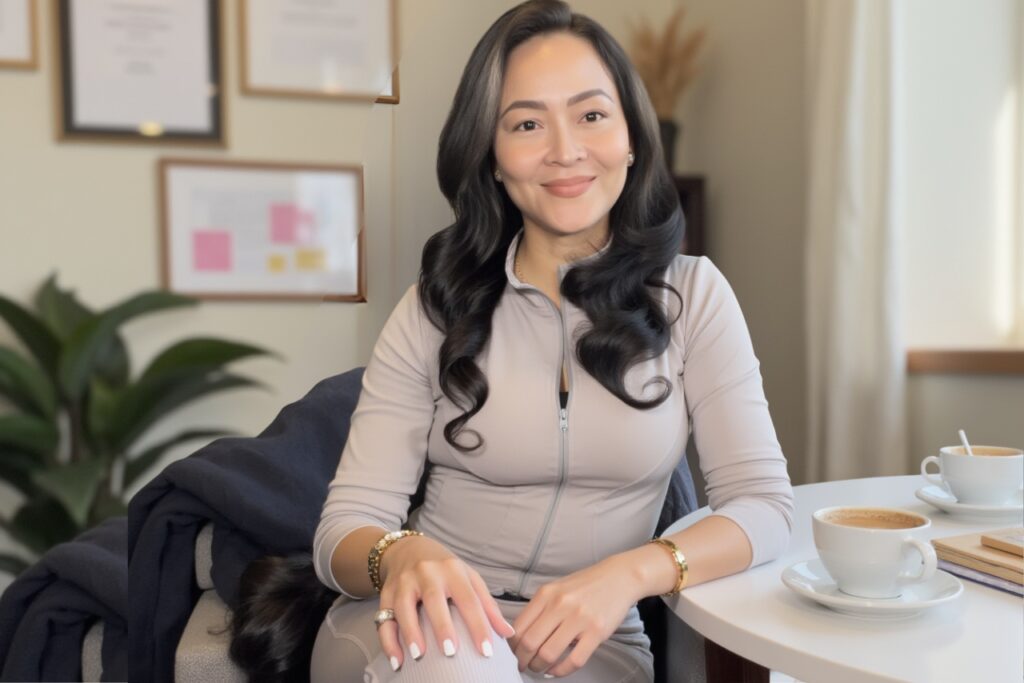 Coach Mel sits next to a table with coffee cups next to here and she is smiling.