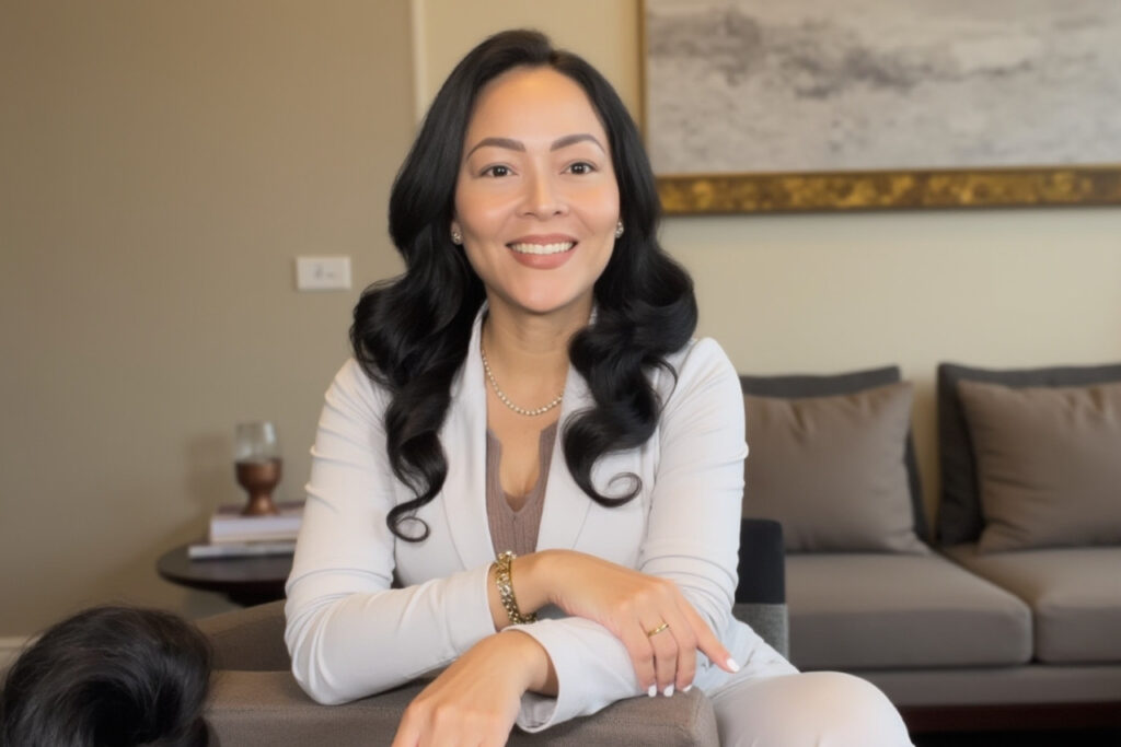 Coach Mel is sitting in a beige suit on the sofa smiling.